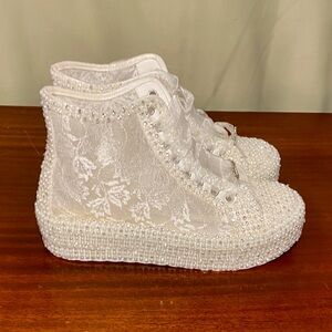 White Lace and Crystal - Embellished High Top Platform Sneakers size 38